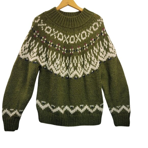 IVY Hand Knit Acrylic Sweater Medium Green White Fair Isle 1989 Cottagecore - Picture 1 of 5